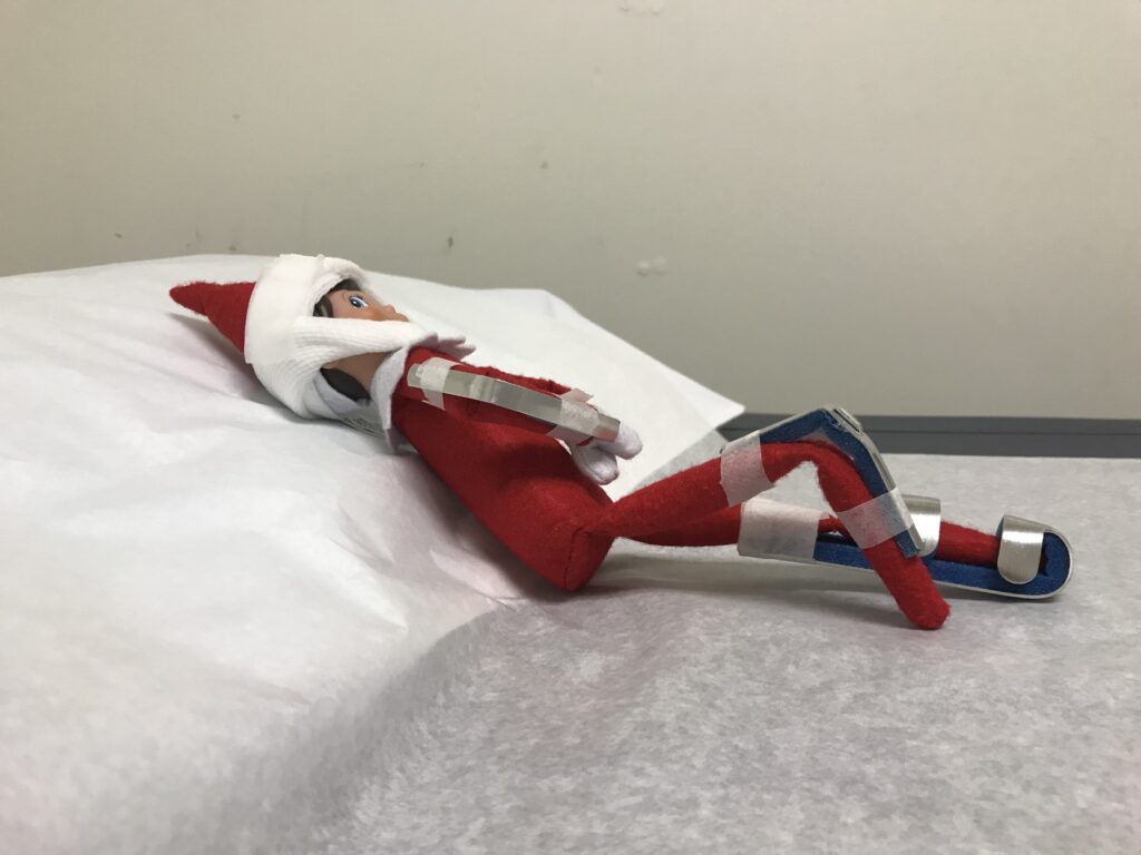 Elf on the shelf in hospital bed